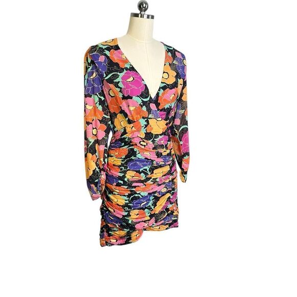 Rixo Black Silk Golden Floral Ruched Mini Dress | Size 6 - Picture 9 of 12